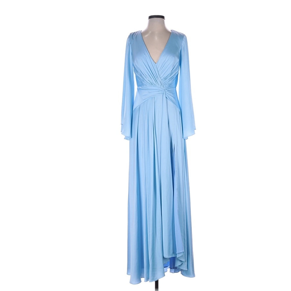 IEENA for Mac Duggal Size 2 NWT Satin Wrap Gown Blue Long Sleeve Plunge Formal